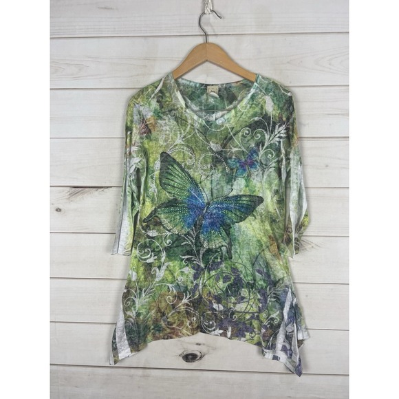 Jess & Jane Tops - Jess & Jane Shirt Womens Medium Green Butterfly Forest Rhinestone Fairycore Top